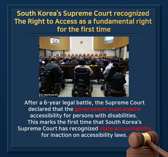 South Korea's Supreme Court recognized the right to access as a fundamental right for the first time. After a 6-year legal battle, the Supreme Court declared that the government must ensure accessibility for persons with disabilities. This marks the first time that South Korea's Supreme Court has recognized state accountability for inaction on accessibility laws.